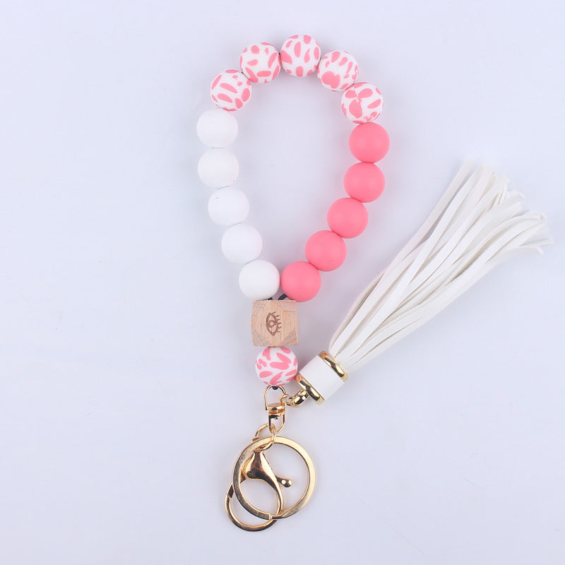 Wholesale Leopard Pattern Silicone Tassel Beaded Wrist Keychain